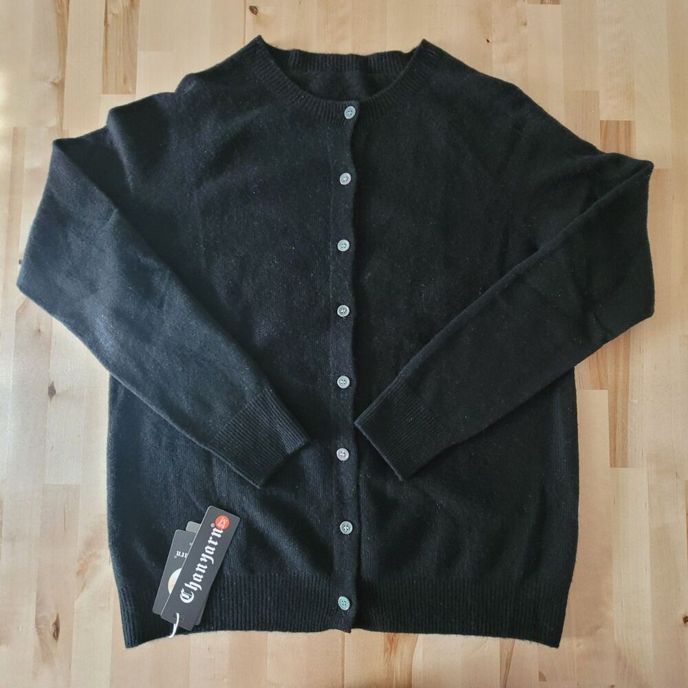 Women’s Merino Wool Cardigan Sweater M Black New Preppy Quiet Luxury Minimal